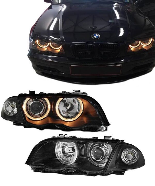 Kimpiris - Μπροστινά Φανάρια Set Για Bmw 3 E46 Sedan/Caravan 99-01 Angel Eyes Μαύρα H7/H7 Με Μοτέρ Depo