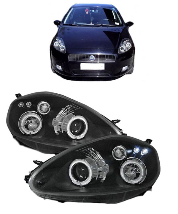 Kimpiris - Μπροστινά Φανάρια Set Για Grande Punto 05-08 Angel Eyes & Led Μαύρα H1/H1 JunYan