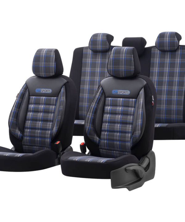 Kimpiris - Καλύμματα Αυτοκινήτου Otom GTI Sports Design Universal Jacquard / Lacost / Δερματίνη Σετ Εμπρός / Πίσω 11 Τεμαχίων Μαύρο - Μπλε GTI-803