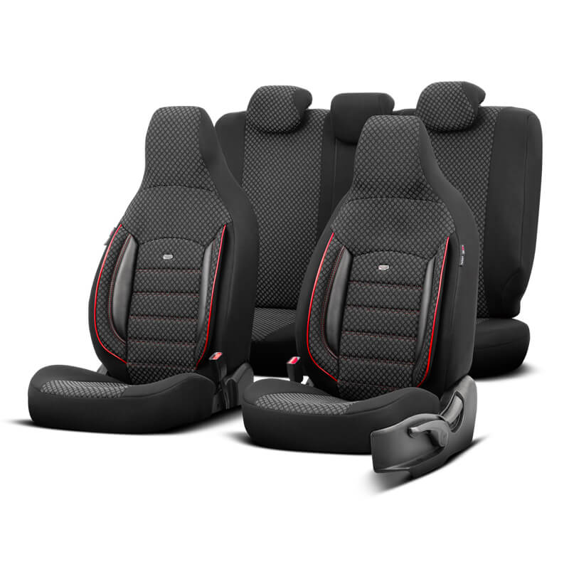 Kimpiris - Καλύμματα Αυτοκινήτου Otom Sport Plus City Design Universal Βαμβακερό Ύφασμα / Rachel / Δερματίνη Σετ Εμπρός / Πίσω 11 Τεμαχίων Με Ενσωματωμένα Προσκέφαλα Μαύρο Με Κόκκινο Κέντημα SPTPLS-102CTY