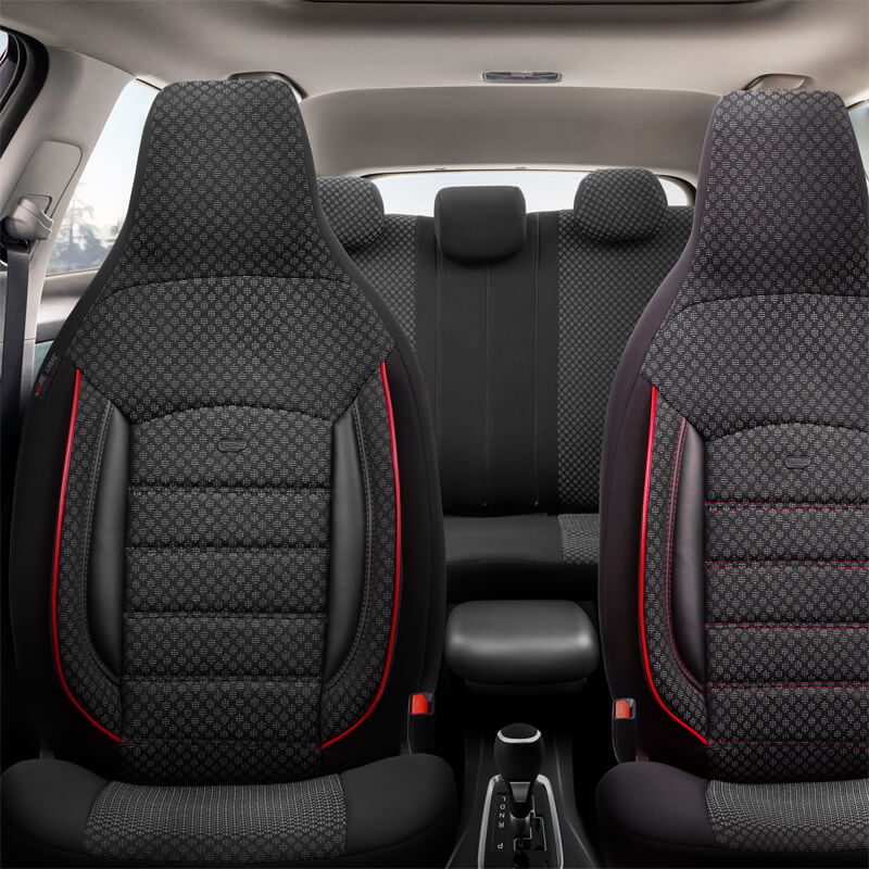 Καλύμματα Αυτοκινήτου Otom Sport Plus City Design Universal Βαμβακερό Ύφασμα / Rachel / Δερματίνη Σετ Εμπρός / Πίσω 11 Τεμαχίων Με Ενσωματωμένα Προσκέφαλα Μαύρο Με Κόκκινο Κέντημα SPTPLS-102CTY - Image 2