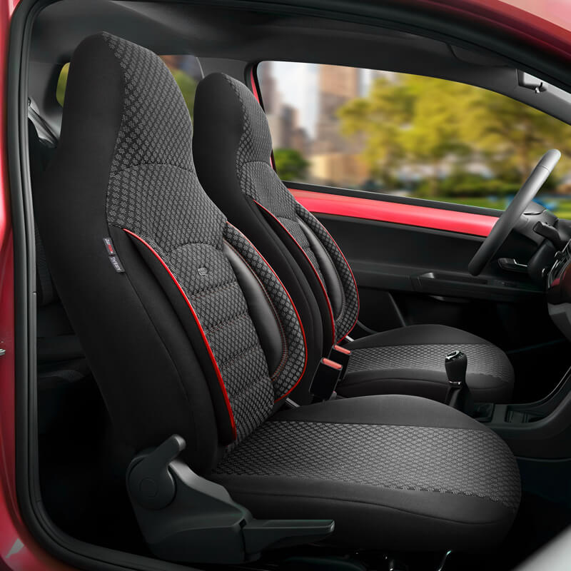 Καλύμματα Αυτοκινήτου Otom Sport Plus City Design Universal Βαμβακερό Ύφασμα / Rachel / Δερματίνη Σετ Εμπρός / Πίσω 11 Τεμαχίων Με Ενσωματωμένα Προσκέφαλα Μαύρο Με Κόκκινο Κέντημα SPTPLS-102CTY - Image 3