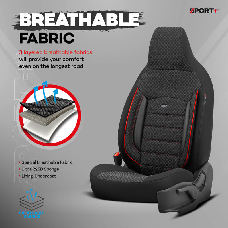 Καλύμματα Αυτοκινήτου Otom Sport Plus City Design Universal Βαμβακερό Ύφασμα / Rachel / Δερματίνη Σετ Εμπρός / Πίσω 11 Τεμαχίων Με Ενσωματωμένα Προσκέφαλα Μαύρο Με Κόκκινο Κέντημα SPTPLS-102CTY - Image 4