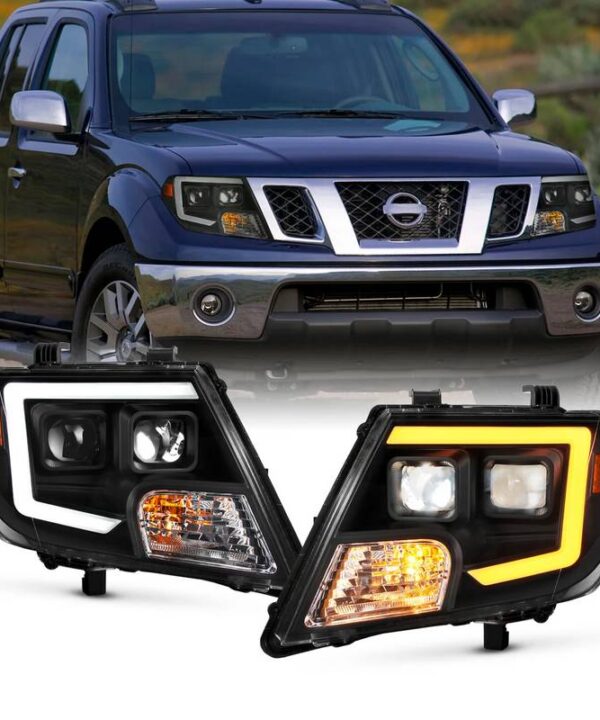 Kimpiris - Μπροστινά Φανάρια Set Για Nissan Navara D40 Facelift 09-14 DRL Led Tube & Dynamic Φλας Μαύρα H7/H9 Manual Akkon