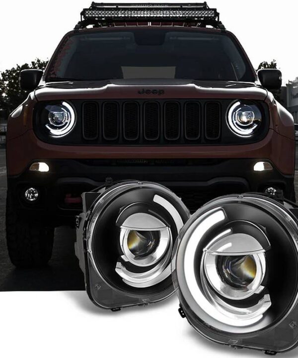 Kimpiris - Μπροστινά Φανάρια Set Για Jeep Renegade 2014+ DRL Tube Lights Μαύρα H7 Manual Akkon