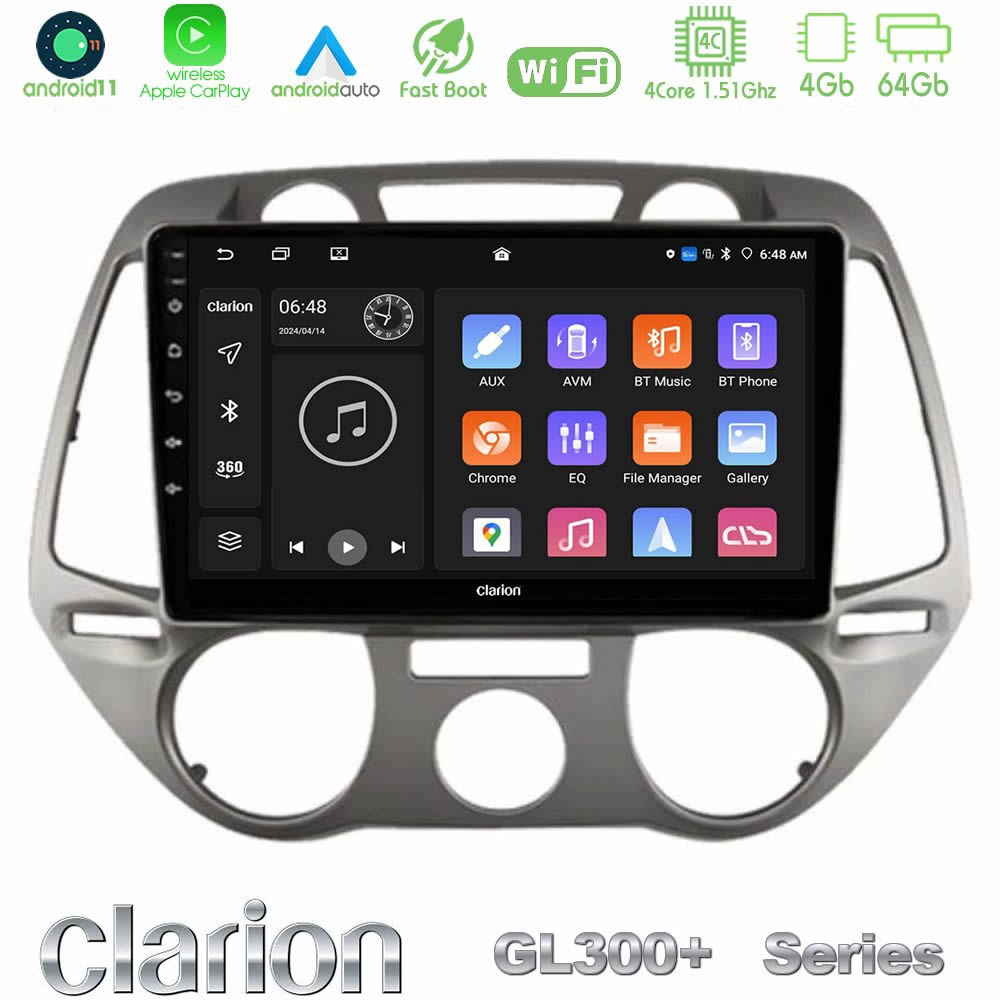 Kimpiris - Clarion GL300+ Series 4Core Android11 4+64GB Hyundai i20 2009-2012 Manual A/C Navigation Multimedia Tablet 9"