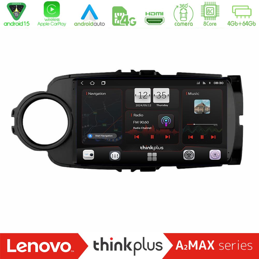 Kimpiris - Lenovo Thinkplus A2MAX Series 8Core Android15 4+64GB Toyota Yaris Navigation Multimedia Tablet 9" (Μαύρο Χρώμα)