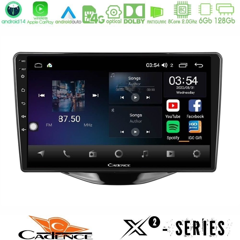 Kimpiris - Cadence X2 Series 8Core Android14 6+128GB Toyota Aygo | Citroen C1 | Peugeot 108 Navigation Multimedia Tablet 9"