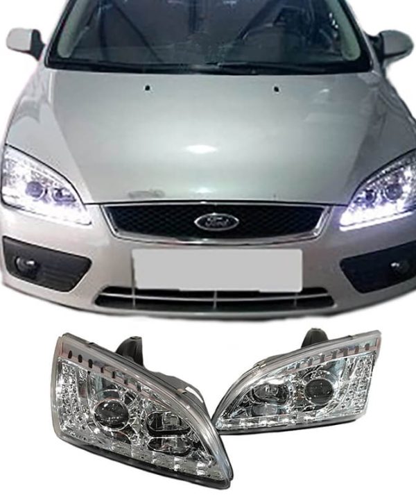 Kimpiris - Μπροστινά Φανάρια Set Για Ford Focus 04-08 DRL & Led Φλας Χρωμίου H1/H1 JunYan