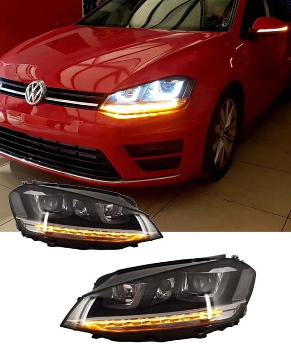Kimpiris - Μπροστινά Φανάρια Set Για Vw Golf VII (7) 12-17 U-Type DRL & Led Φλας Dynamic GTI R-Line Look Μαύρα H7/H7 Με Μοτέρ Carner