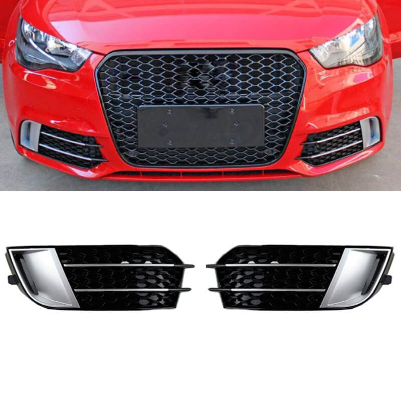 Kimpiris - Δίχτυ Προφυλακτήρα Εμπρός Πλαινό Για Audi A1 8X 2010-2014 RS1 Look Γυαλιστερό Μαύρο / Ασημί Αριστερό & Δεξί 2 Τεμάχια