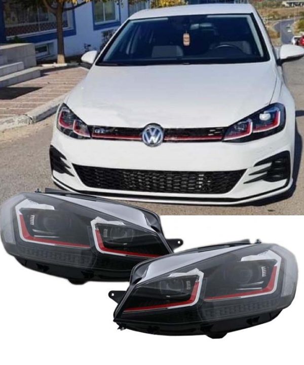 Kimpiris - Μπροστινά Φανάρια Set Για Vw Golf 7.5 17-19 Facelift DRL & Dynamic Signal Μαύρα Με Κόκκινη Γραμμή GTI Look H7 Με Μοτέρ Carner