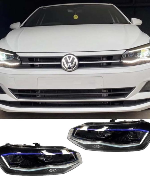 Kimpiris - Μπροστινά Φανάρια Set Για Vw Polo AW 17+ DRL Led Tube GTI Look Μαύρα Με Ασημί Γραμμή Upgrade With Xenon With Motor Carner