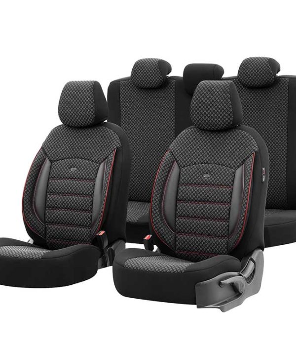 Kimpiris - Καλύμματα Αυτοκινήτου Otom Sport Plus Design Universal Βαμβακερό Ύφασμα / Rachel / Δερματίνη Σετ Εμπρός / Πίσω 11 Τεμαχίων Μαύρο Με Κόκκινο Κέντημα SPTPLS-102
