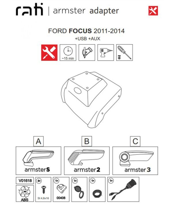 Alternative view of Βάση Τεμπέλη Ειδική Για Ford Focus III 11-14 (+Usb+Aux Extension Cable) Armster Rati 1 Τεμάχιο