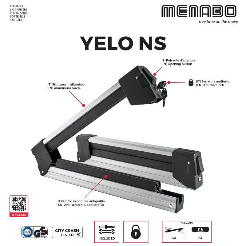 Μπάρες Βάσεις Σκι / Snowboard Αλουμινίου Menabo Yelo 4 (4 Ζεύγη Σκι ή 2 Snowboards) 2 Τεμάχια - Image 2