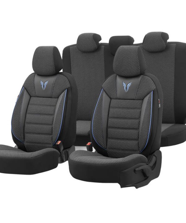 Kimpiris - Καλύμματα Αυτοκινήτου Otom Toro Design Universal Βαμβακερό Ύφασμα / Δερματίνη Σετ Εμπρός / Πίσω 11 Τεμαχίων Μαύρο / Μπλε ΤRΟ-903