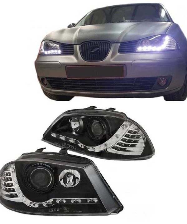 Kimpiris - Μπροστινά Φανάρια Set Για Seat Ibiza 6L 02-08 DRL & Led Φλας Μαύρα H1/H1 Junyan