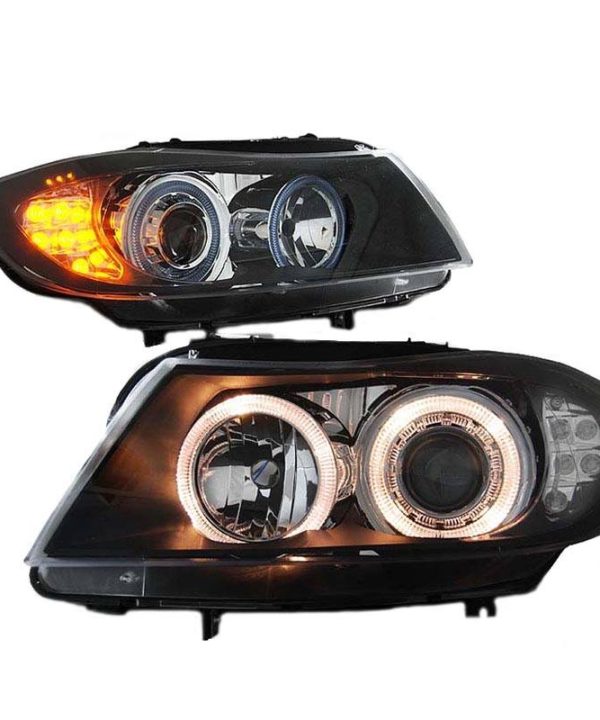 Kimpiris - Μπροστινά Φανάρια Set Για Bmw 3 E90 / E91 05-08 Angel Eyes & Led Φλας  Μαύρα H7/H7 Depo