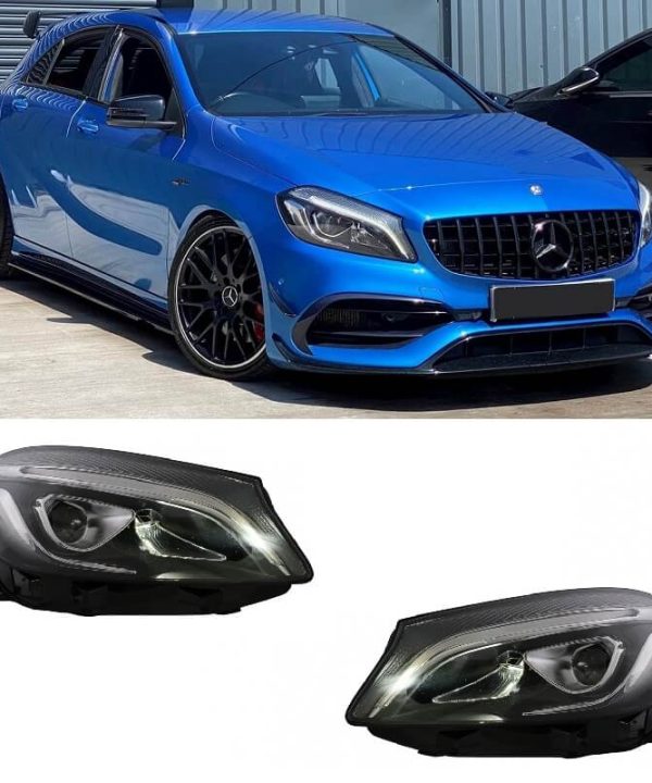 Kimpiris - Μπροστινά Φανάρια Set Για Mercedes-Benz A-Class W176 12-18 Halogen Upgrade Σε Facelift Look Μαύρα Full Led DRL Με Μοτέρ Carner