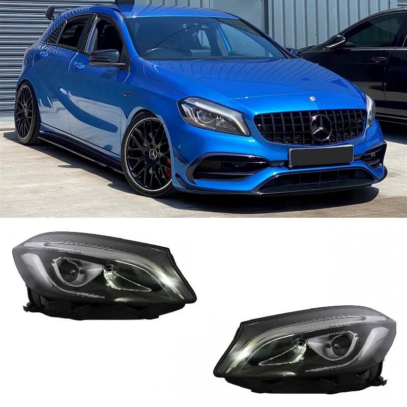 Kimpiris - Μπροστινά Φανάρια Set Για Mercedes-Benz A-Class W176 12-18 Halogen Upgrade Σε Facelift Look Μαύρα Full Led DRL Με Μοτέρ Carner