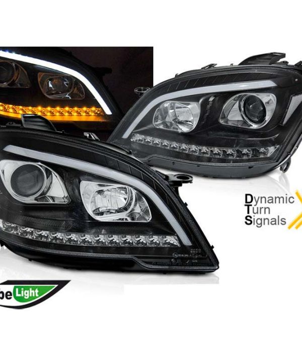 Kimpiris - Μπροστινά Φανάρια Set Για Mercedes-Benz ML-Class W164 09-11 DRL Tube Lights Dynamic Φλας W166 Look Μαύρα H9/H1 Με Μοτέρ JunYan