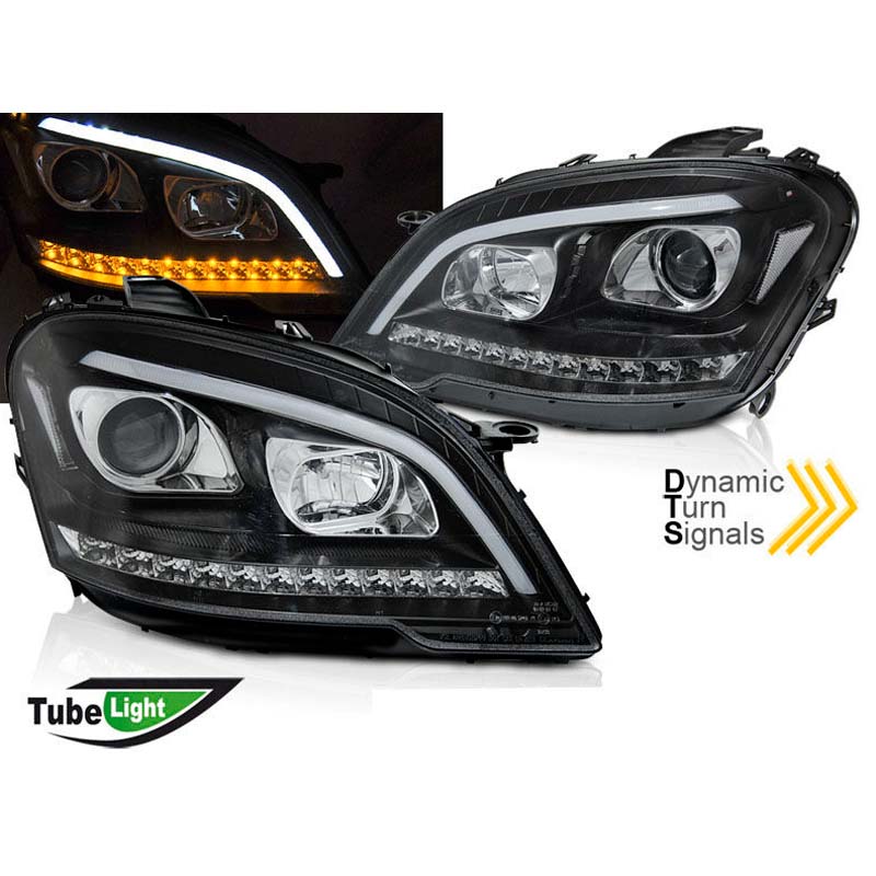 Kimpiris - Μπροστινά Φανάρια Set Για Mercedes-Benz ML-Class W164 09-11 DRL Tube Lights Dynamic Φλας W166 Look Μαύρα H9/H1 Με Μοτέρ JunYan