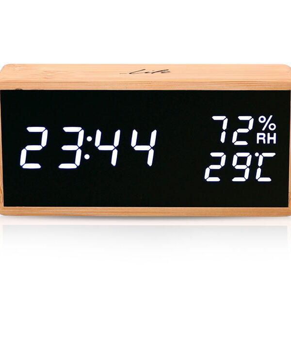Bamboo ψηφιακό θερμόμετρουγρόμετρο εσωτερικού χώρου με ρολόι ξυπνητήρι και ημερολόγιο. LIFE 1