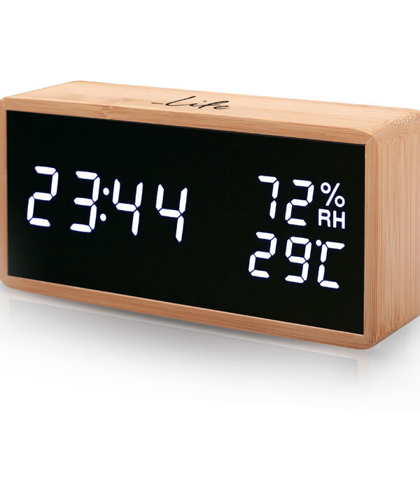 Bamboo ψηφιακό θερμόμετρουγρόμετρο εσωτερικού χώρου με ρολόι ξυπνητήρι και ημερολόγιο. LIFE