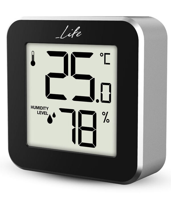 θερμόμετρο και υγρόμετρο εσωτερικού χώρου σε μαύρο χρώμα με πλαίσιο αλουμινίου. LIFE