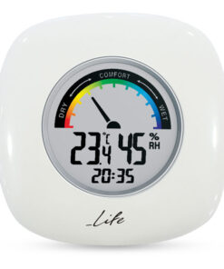 θερμόμετρο υγρόμετρο εσωτερικού χώρου με ρολόι και έγχρωμη απεικόνιση επιπέδου υγρασίας σε λευκό χρώμα. LIFE 1 1