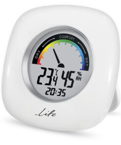 θερμόμετρο υγρόμετρο εσωτερικού χώρου με ρολόι και έγχρωμη απεικόνιση επιπέδου υγρασίας σε λευκό χρώμα. LIFE 4