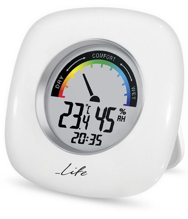 θερμόμετρο υγρόμετρο εσωτερικού χώρου με ρολόι και έγχρωμη απεικόνιση επιπέδου υγρασίας σε λευκό χρώμα. LIFE 4