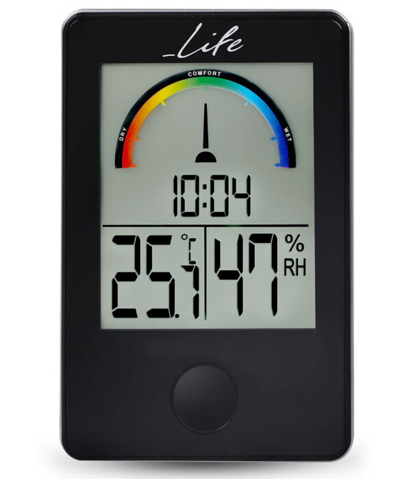 θερμόμετρο υγρόμετρο εσωτερικού χώρου με ρολόι και έγχρωμη απεικόνιση επιπέδου υγρασίας σε μαύρο χρώμα. LIFE 1