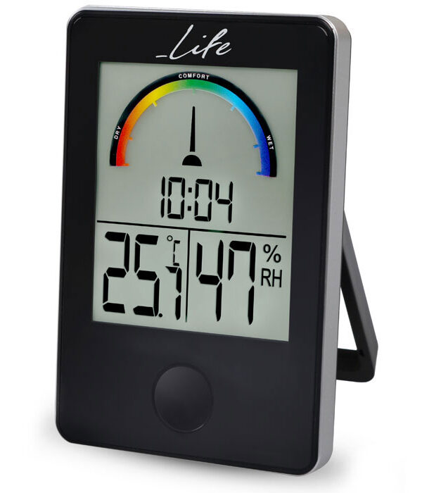 θερμόμετρο υγρόμετρο εσωτερικού χώρου με ρολόι και έγχρωμη απεικόνιση επιπέδου υγρασίας σε μαύρο χρώμα. LIFE